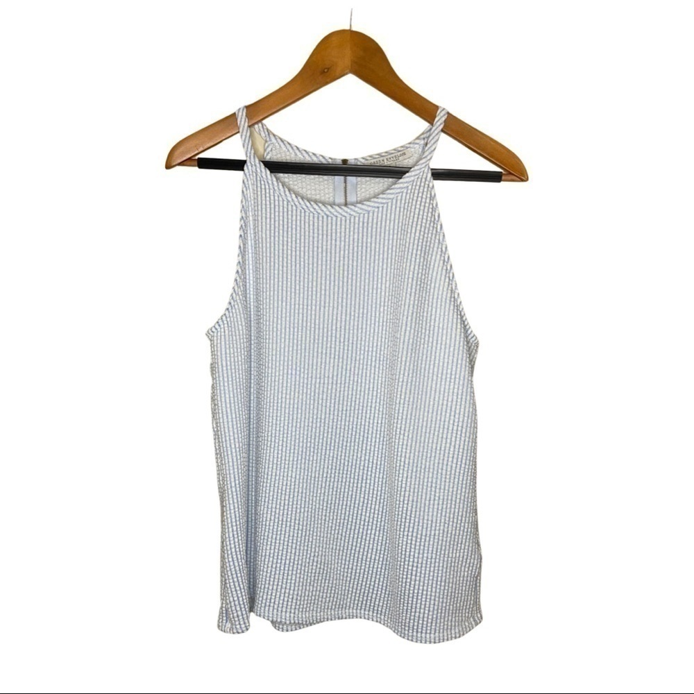 Green Envelope Striped Textured Tank Top Blue White Sleeveless Zip Back Large